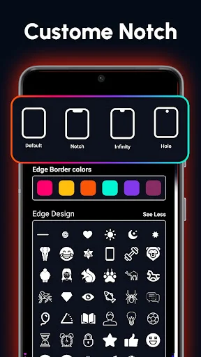 Custom Notch interface showing phone shape options, colorful edge border settings, and design icons for personalizing screen