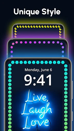Unique Style edge lighting with gradient rainbow borders around inspirational Live Laugh Love wallpaper and time display