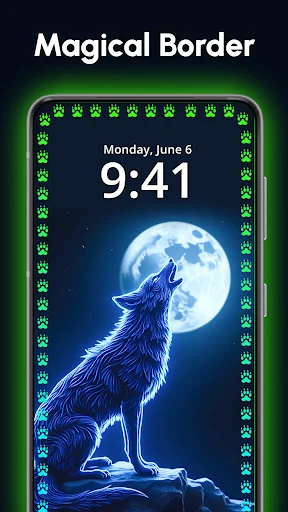 Magical Border feature with paw print edge pattern around wolf howling at moon wallpaper for phone screen customization