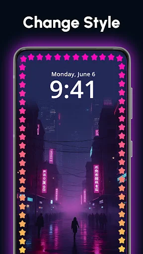 Change Style option displaying star-pattern edge lighting around cyberpunk city wallpaper with gradient pink to orange border
