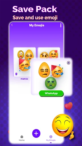 Emoji Maker app save pack screen showing custom emoji collection with WhatsApp sharing option and purple gradient interface