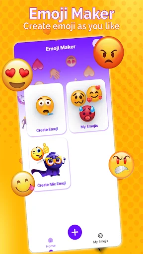 Emoji Maker home screen with Create Emoji and My Emojis options, featuring colorful emoji examples and orange gradient background