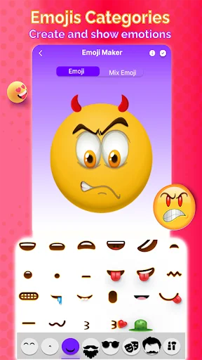 Emoji categories screen showing devil emoji with customizable facial features and expression options for emoji creation