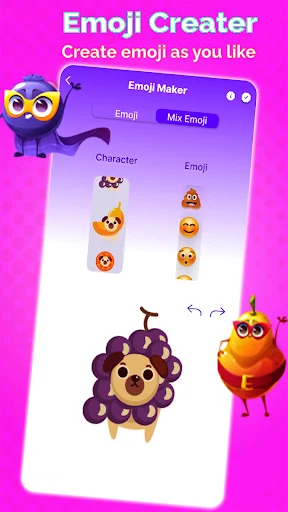 Emoji Maker character selection screen displaying various emoji base designs and customization tools for emoji editing