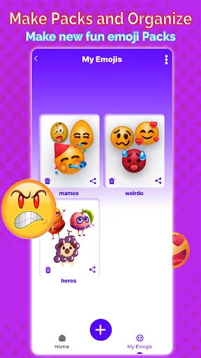 My Emojis pack organizer showing saved custom emoji collections named memos, weirdo, and heroes with purple interface