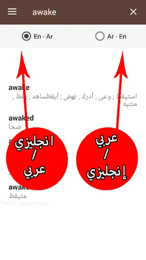 Bilingual dictionary interface showing English-Arabic translation options with toggle buttons and search results
