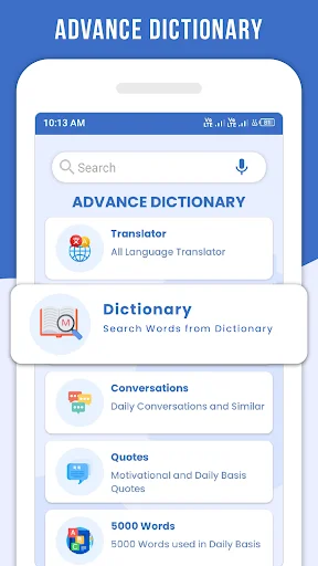 Advance Dictionary home screen menu with Translator, Dictionary, Conversations, Quotes, and 5000 Words features