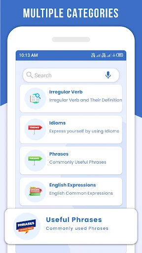 Multiple dictionary categories: Irregular Verbs, Idioms, Phrases, English Expressions, and Useful Phrases