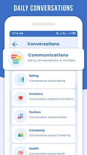 Daily Conversations menu with topic categories: Communications, Eating, Emotions, Fashion, Friendship, Health