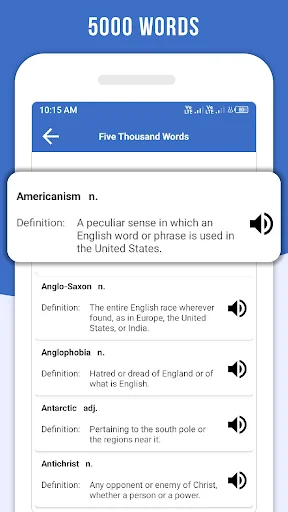 5000 Words dictionary entries displaying word definitions with audio pronunciation speaker buttons
