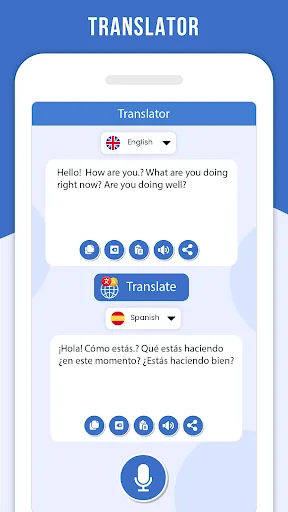 Translator tool converting English text to Spanish with voice input microphone and translation button