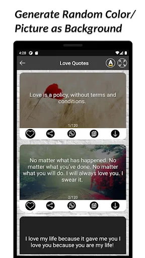 English Quotes Status Maker app showing love quotes with custom backgrounds and share buttons for social media status