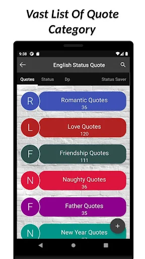 Quote category menu in English Status Quote app displaying Romantic, Love, Friendship, Naughty, Father, New Year quotes
