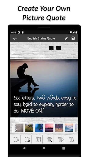 Quote creator interface showing custom text editor with background selection and typography options for status making