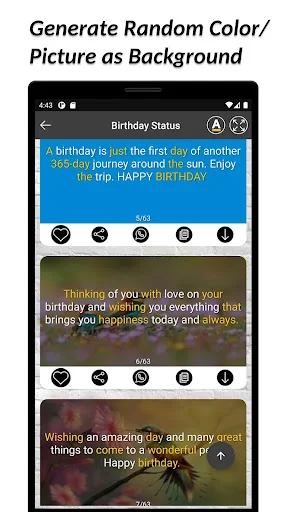 Birthday status quotes with colorful backgrounds in English Quotes app featuring celebration messages and themes