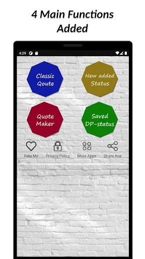 Main menu of English Quotes Status Maker showing Classic Quote, New Status, Quote Maker, and Saved Status options