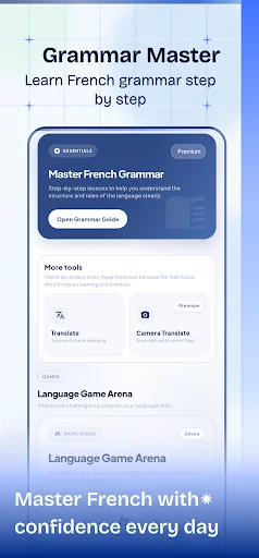 Master French Grammar guide with step-by-step lessons, grammar tools, conjugation features, translation, and language game arena