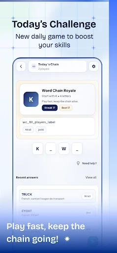 Today's Challenge daily word game featuring Word Chain Royale puzzle with letter combinations and recent player competition answers