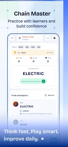 Chain Master word game displaying current word translation, player chain competition, vocabulary learning through interactive gaming