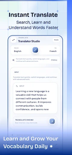 Translator Studio interface with English to French word translation, definitions, and language learning explanations and examples