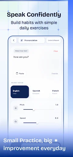 Pronunciation practice screen with daily speaking exercise, language selection options, and pitch control for confidence building