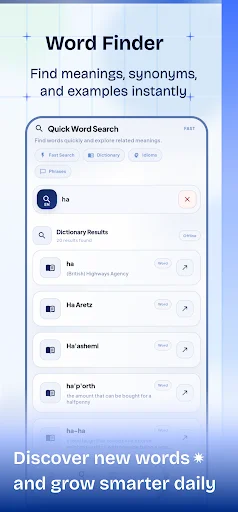 Word Finder search feature displaying dictionary results, word definitions, synonyms, and usage examples for vocabulary discovery