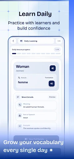 Daily Learning section showing vocabulary word cards with French translations, word details, grammar parts, and practice progress