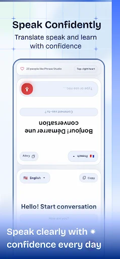 AI Translate Studio conversation feature for practicing English to French translation with interactive dialogue and speech learning