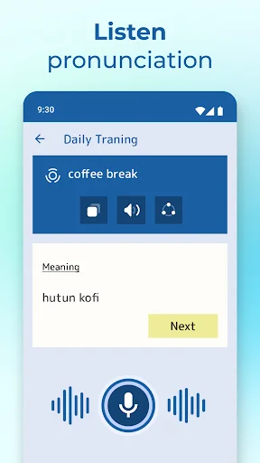 English to Hausa Translator pronunciation training screen showing 'coffee break' phrase with audio controls and microphone