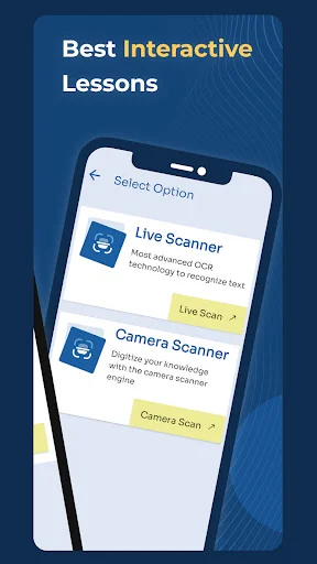 Scanner selection screen offering Live Scanner and Camera Scanner options for OCR text recognition technology