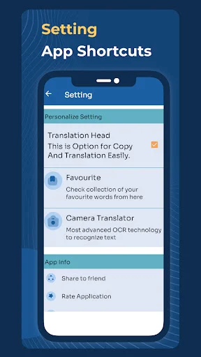 App settings and shortcuts menu with translation preferences, favorites, camera translator, and sharing options