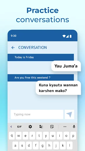 Interactive conversation practice interface for English-Hausa chat with weekend plans dialogue and typing keyboard