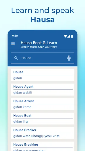 Hausa dictionary and learning section displaying house-related vocabulary with English translations and pronunciation