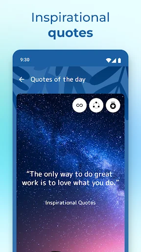 Daily inspirational quotes feature showing motivational text on starry background with sharing and audio options