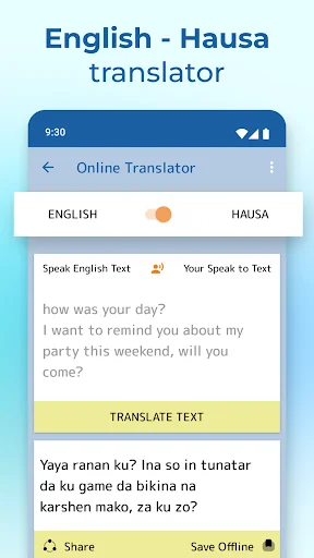 English to Hausa text translator interface with speech-to-text input and 'how was your day' example translation