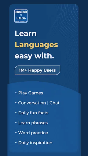 Language learning app homepage featuring 1M+ users, games, conversation practice, and daily inspiration modules