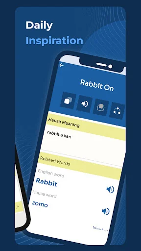 Daily vocabulary training showing 'Rabbit On' with Hausa meaning 'rago' and audio pronunciation features