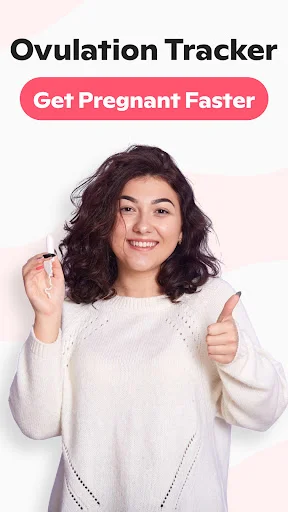 Ovulation Tracker app welcome screen featuring Get Pregnant Faster button and woman promoting fertility tracking solutions