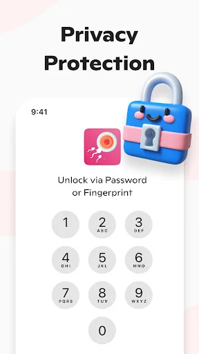 Privacy protection screen with password and fingerprint unlock options, numeric keypad for secure fertility tracker access