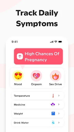 Daily symptom tracking screen with mood, orgasm, sex drive, temperature, medicine, weight, and water intake logging