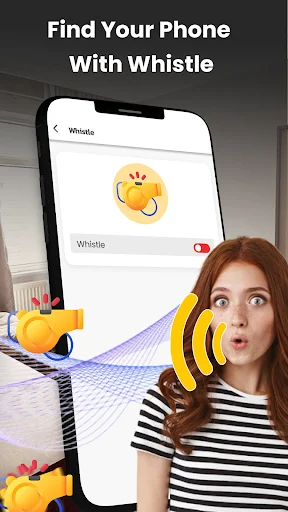 Find My Device whistle feature interface showing sound waves emanating from phone, demonstrating how to locate your device by whistling