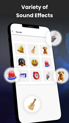 Find My Device app sounds menu displaying variety of audio effects including bell, guitar, dog, and other sound options to find lost phones