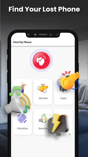 Find My Phone app main interface showing all detection methods available: clap, whistle, flash, vibration, and various sounds to find lost device