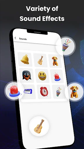 Multiple sound effect choices displayed on phone screen for finding lost device including animals, instruments, and alerts