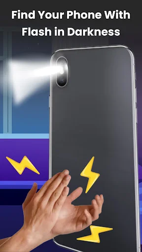 Phone camera flash activation using LED light with lightning bolt graphics for locating device without visibility
