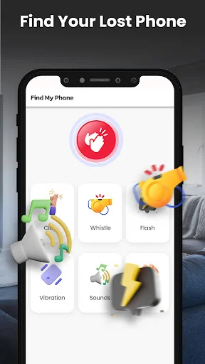 Find My Phone main interface showing all available detection methods: clap, whistle, flash, vibration, and sounds