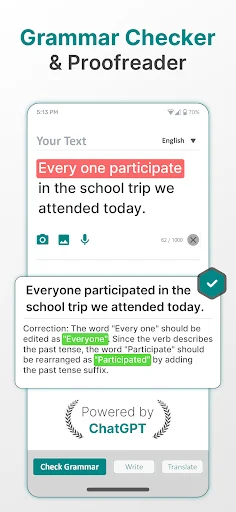 Grammar Check AI Fixy app showing text correction interface with highlighted errors and ChatGPT-powered suggestions