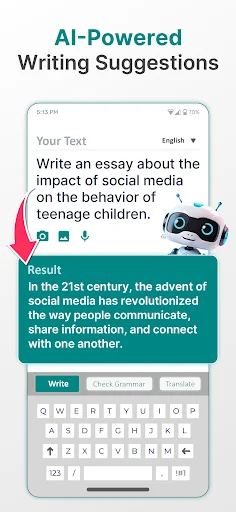 AI-powered writing suggestions feature in Fixy app with essay rewriting and grammar checking capabilities displayed
