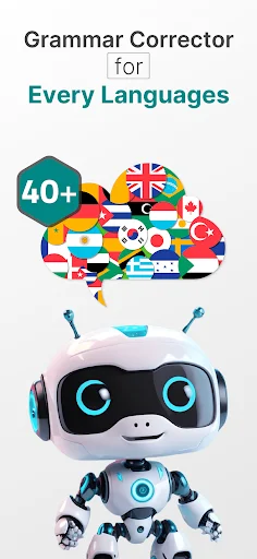 Multilingual grammar corrector supporting 40+ languages with international flags and AI robot mascot illustration