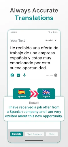 Translation feature in Fixy app showing Spanish to English text conversion with accurate grammar checking